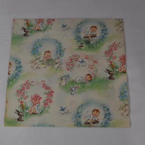 Carta da regalo vintage per neonati, carta da regalo piatta, 29 x 20, con coniglietti e uccelli, probabilmente degli anni '50, carta da regalo vintage per baby shower