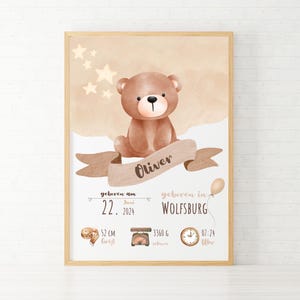 Póster de nacimiento personalizado Osito de peluche, regalo de nacimiento/para niñas y niños