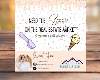 May include: A pink and white real estate business card with a colorful sprinkle pattern. The text reads "Need the Scoop on the Real Estate Market? Give me a call today!" with an ice cream cone and ice cream scoop illustration. The bottom of the card has a photo of a real estate agent, contact information, and the text "Agent Name REALTOR® Agentwebsite.com 123 456 7890 Real Estate."