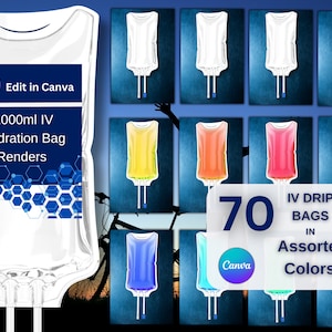 Sleek IV Drip Bag Designs Bundle - 70 Assorted Canva Hydration Bag Graphics for IV Therapy Marketing | & Editable Label Templates