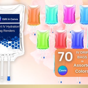 Dynamic Canva 500ml IV Bag Render Bundle - 70 Sleek, Customizable Drip Bag Designs for Your IV Therapy Marketing Needs + 20 Label Templates!