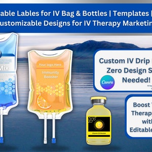 20 Editable IV Bag & Bottle LABEL Templates | Canva Customizable label Designs for IV Therapy Digital Marketing