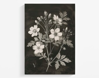 Cherry Blossom Engraving Printable, March Birth Flower Art, White Flowers on Black, Vintage Botanical Wall Art, Digital Download