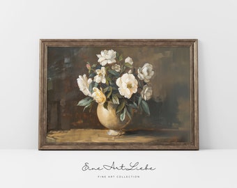 Printable Vintage Roses Sill Life White Roses Print Oil Painting Wall Decor Farmhouse French Country Cottage Print Digital ART EAL_433