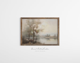 Vintage Lake Landscape Painting: Warm Neutral Colors (Digital Print)