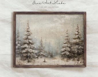 Vintage Snowy Pine Forest Painting Printable, Winter Woodland Oil Painting, Rustic Christmas Wall Art, Cabin Decor, Digital Download