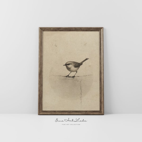 Vintage Bird Etching Printable Nursery Art Cute Little Bird in Beige Limited Edition 100 Copies available Digital EAL_286