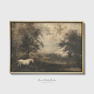 Vintage Moody White Horse Painting / Dark Landscape Art Print on Canvas or Fine Art Paper with Wooden Frame Options EAL_400_F