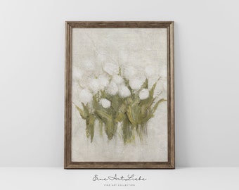 Vintage Tulip Oil Painting / White Tulips Art Print / Spring Flowers / French Country Wall Art / Neutral Spring Flowers / DIGITAL / EAL_345