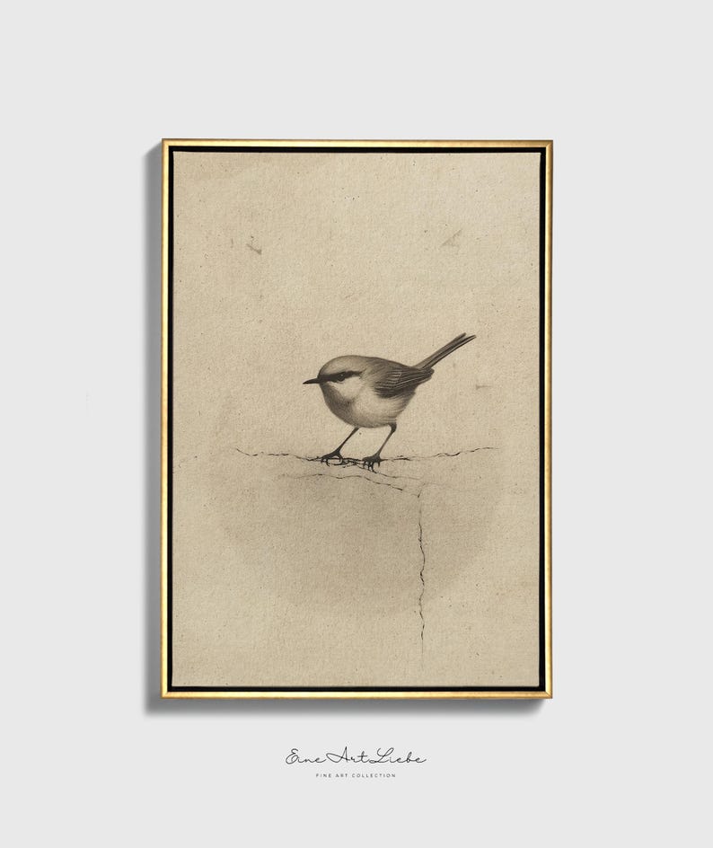May include: A black and white drawing of a small bird perched on a branch. The bird is depicted in a realistic style with detailed feathers and a delicate beak. The background is a simple, off-white color.