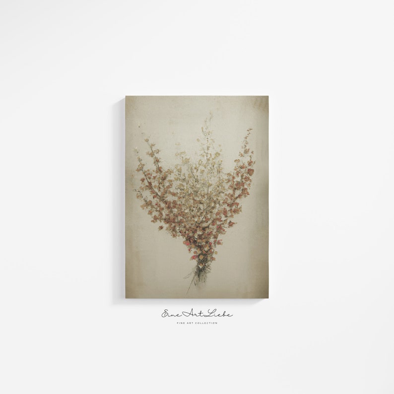 May include: A vintage-style print of a bouquet of dried flowers in shades of brown, beige, and pink. The flowers are arranged in a loose, natural style, and the background is a soft, faded beige.