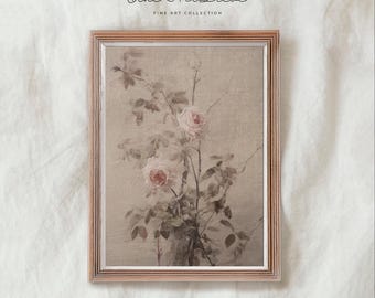 Vintage Pink Rose Botanical Printable, Elegant Rose Branch Drawing, Romantic Floral Wall Art, Cottage Decor, Digital Download
