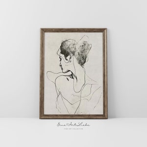 Printable black and white One Line Drawing of a Woman black and white Etching Sketch Lineart Vintage Woman Drawing Minimalistic EAL_439 image 1