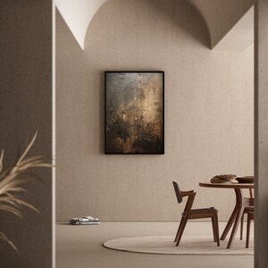 May include: A modern dining room with a round wooden table and chairs. The walls are a light beige color and there is a large abstract painting hanging on the wall. The room is decorated with a few plants and a lamp.