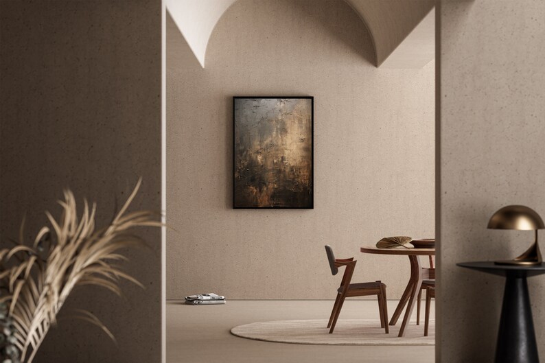 May include: A modern dining room with a round wooden table and chairs. The walls are a light beige color and there is a large abstract painting hanging on the wall. The room is decorated with a few plants and a lamp.