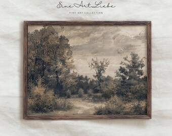 Vintage French Country Landscape Painting, Trees Under a Cloudy Sky, Antique Oil Painting Print, Cottage Wall Art, Digital Download