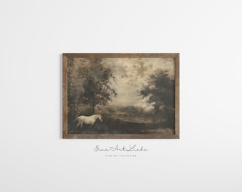 Dark Vintage Horse Landscape Painting Print Moody Academia Wall Art White Horse in the Woods Digital Art EAL_400
