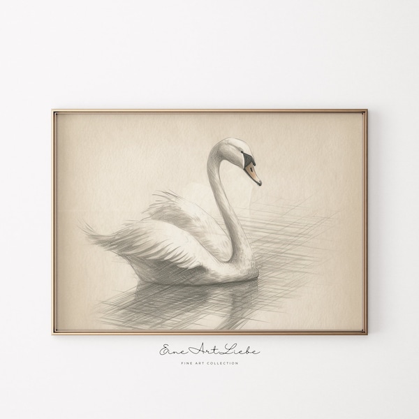 Printable Vintage Swan Drawing Beige Rustic Farmhouse Decor Animal Drawing Nursery Print French Country Digital ART Animals_4