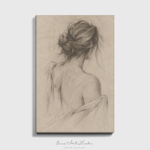 May include: A charcoal sketch on a beige background depicting the back view of a person with hair styled in a messy bun. The figure has bare shoulders draped in fabric. Below the illustration, the text reads Eine Art Liebe FINE ART COLLECTION.