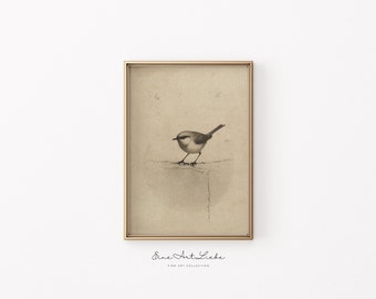 Vintage Bird Etching Printable Nursery Art Cute Little Bird in Beige Limited Edition 100 Copies available Digital EAL_286