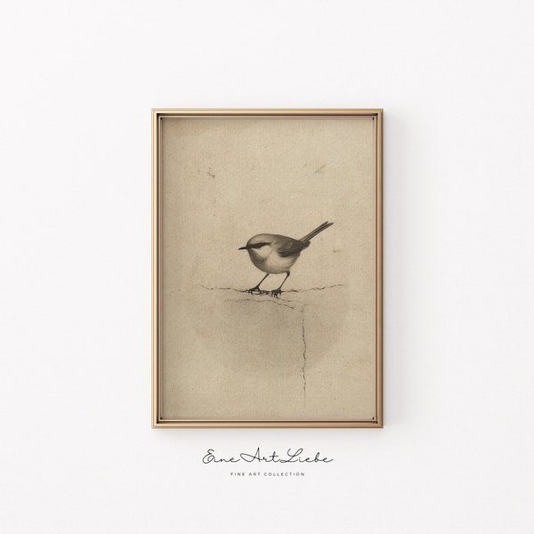 Vintage Bird Etching Printable Nursery Art Cute Little Bird in Beige Limited Edition 100 Copies available Digital EAL_286