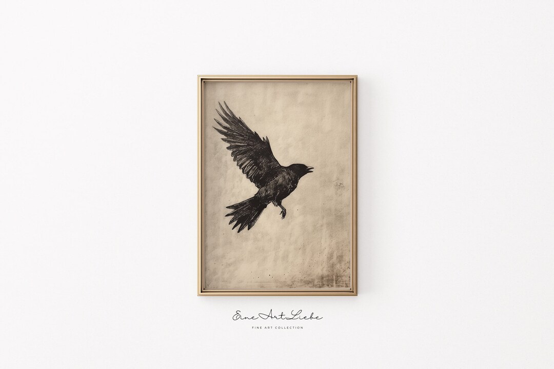 Vintage Bird Drawing Halloween Print Printable Bird Drawing Rustic Wall