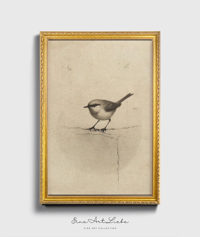 Ready to hang / Vintage Inspired Bird Etching Print on Canvas or Fine Art Paper with Wooden Frame Options / Wall Art Print EAL_286 Premium Retro Gold Frame with Museum Quality Matte Paper