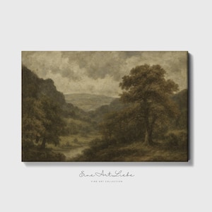 Framed Moody Vintage Landscape Print, Green Valley with Old Oak Tree, Antique Oil Painting on Fine Art Paper or Canvas, Ready to Hang