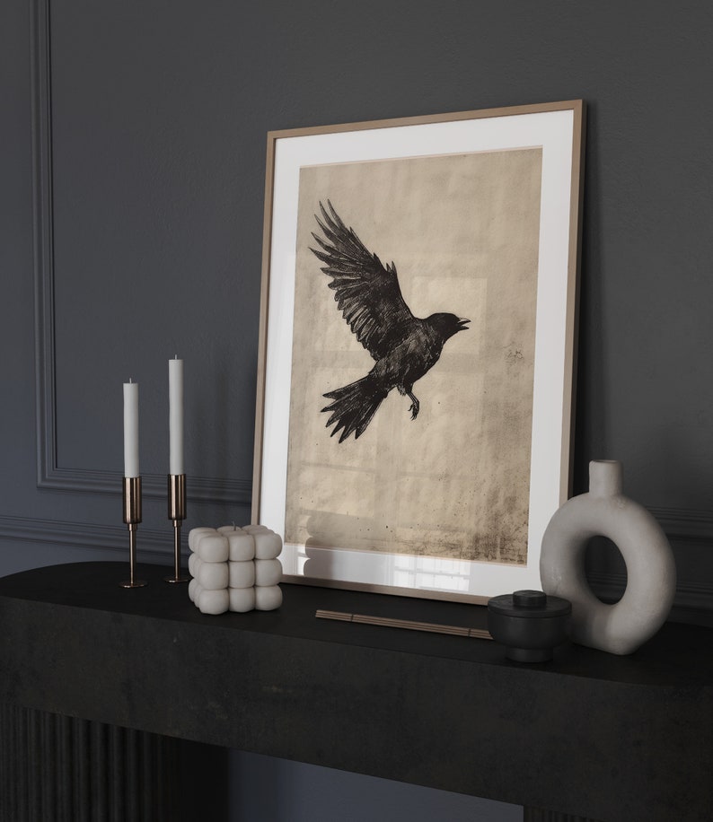 Vintage Bird Drawing Halloween Print Printable Bird Drawing Rustic Wall