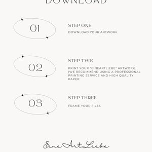 May include: A digital download guide with three steps: download your artwork, print your artwork using a professional printing service and high quality paper, and frame your files. The guide features a black and white illustration of three circles with numbers 01, 02, and 03.