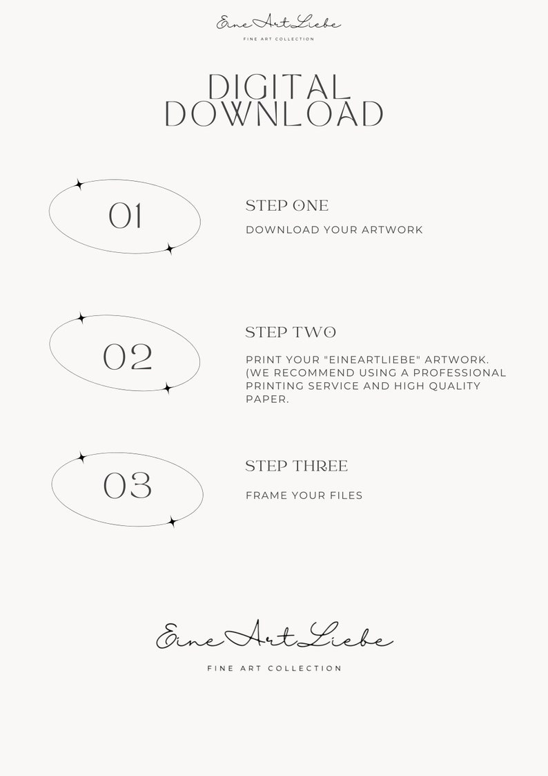 May include: A digital download guide with three steps: download your artwork, print your artwork using a professional printing service and high quality paper, and frame your files. The guide features a black and white illustration of three circles with numbers 01, 02, and 03.
