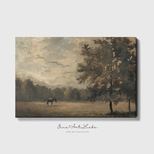 May include: An antique-style landscape painting featuring a horse grazing in a field. The artwork has a muted color palette of browns, greens, and grays, with trees and a cloudy sky. The text "Eine Art Liebe" is at the bottom.