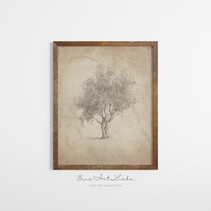 May include: A framed print of a pencil drawing of a tree with a brown background. The print is in a rustic brown frame. The text "Eine Art Liebe" is at the bottom of the print.