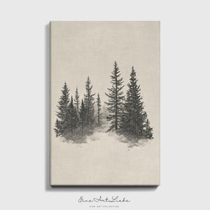 May include: A framed art print featuring a detailed pencil drawing of a cluster of evergreen trees. The artwork is rendered in shades of gray and black against a neutral background. The print includes the text "Eine Art Liebe" and "Fine Art Collection".