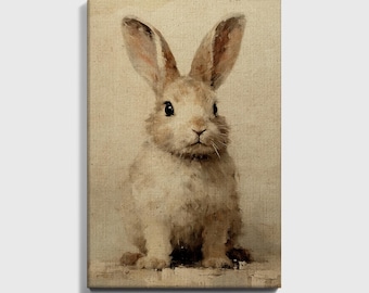 Puede incluir: Una pintura de un conejo blanco con orejas marrones y una nariz marrón. El conejo está sentado sobre un fondo marrón claro.
