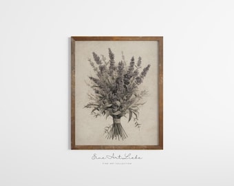 Vintage Floral Print Lavender Bouquet Print French Country Farmhouse Art (Digital Art)