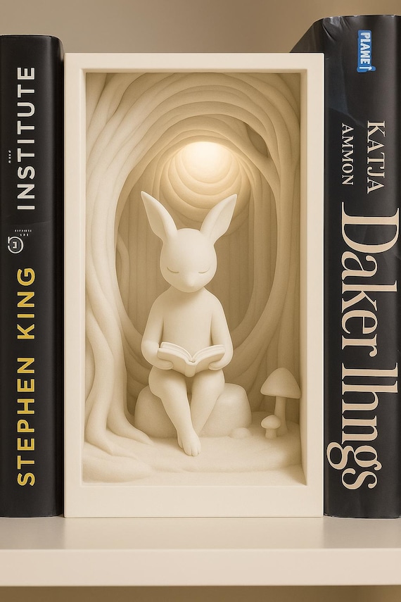 Rabbit Book Nook | White Forest Bookshelf Insert | Cozy Book Lover