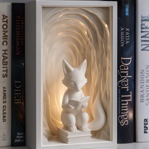 Book Nook – Insert 3D pour étagère | Diorama renard lecteur blanc | Décoration minimaliste | Cadeau pour amateurs de livres