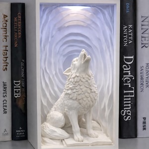 Peut inclure: Sculpture blanche d'un loup hurlant dans un cadre rectangulaire blanc avec un motif de tunnel sculpté. La sculpture est posée sur un livre, et le cadre est éclairé. Des livres sont visibles.