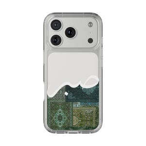 Sabr Arabic Calligraphy Clear Case | Transparent Phone Case with Green Arab Carpet Design image 1