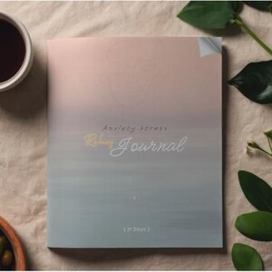 Op de afbeelding: Een dagboek met een zachte kleurovergang op de omslag, met de woorden "Anxiety Stress" en "Ruling Journal" in sierlijke letters. Een kopje koffie en een fruitschaal staan op de achtergrond, met groen.