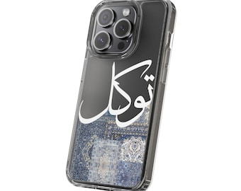 Tawakkul Arabic Calligraphy Clear Case, Blue Arab Carpet Phone Case