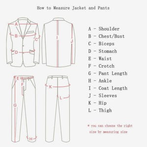May include: Diagram showing how to measure a jacket and pants. The diagram shows a man's jacket and pants with lines indicating where to measure for shoulder, chest, biceps, stomach, waist, crotch, pant length, ankle, coat length, sleeves, hip, and thigh.