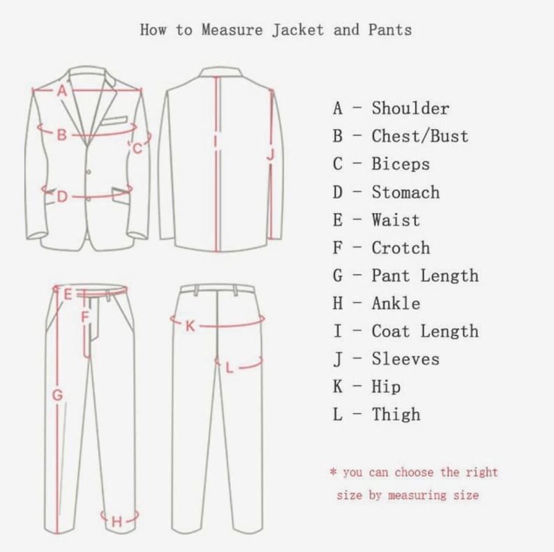 May include: Diagram showing how to measure a jacket and pants. The diagram shows a man's jacket and pants with lines indicating where to measure for shoulder, chest, biceps, stomach, waist, crotch, pant length, ankle, coat length, sleeves, hip, and thigh.