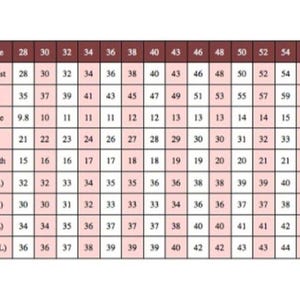 May include: A chart showing pants sizes and corresponding measurements in inches for waist, hips, front rise, thigh, hem width, and inseam. The chart includes sizes from 28 to 58.