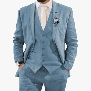 Traje de lino azul cielo para hombre, trajes de boda, 3 piezas a medida, esmoquin de lino, traje formal de corte ajustado, traje de fiesta, el mejor regalo.