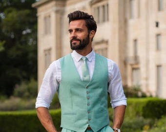 Men's Sage Green Linen Vest and Pant Set: Lightweight Summer Outfit