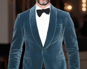 Men's Sky Blue Velvet Blazer, Tailored Notch Lapel Jacket