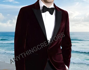 Men's Burgundy Velvet Tuxedo Jacket: Peak Lapel Grooms Wear