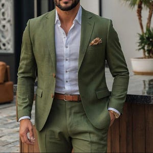 Green Pure linen suit For men , Groomsmen linen suit, Men&#39;s linen suits, 2 piece wedding, grooms linen suit, Summer linen suit, Tuxedo Gift.